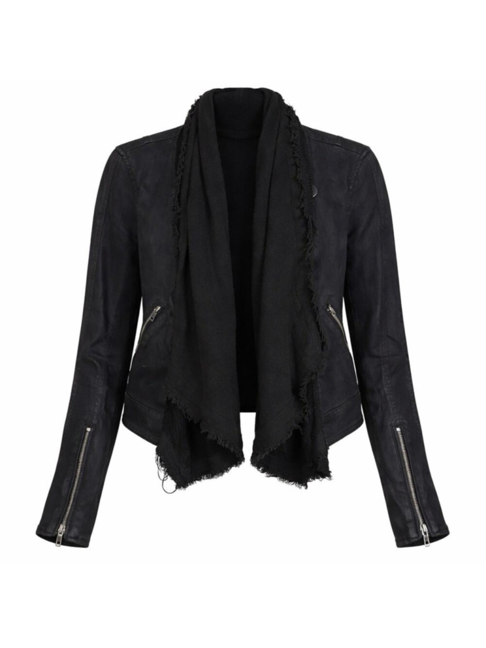 Free People Coated Denim Drape Lagen Look Moto Jacket Black Waterfall Collar 2